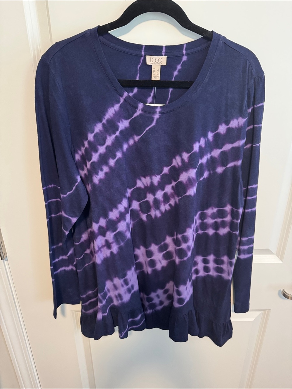 LOGO by Lori Goldstein purple Tie-Dye Long Sleeve Top with ruffle hem